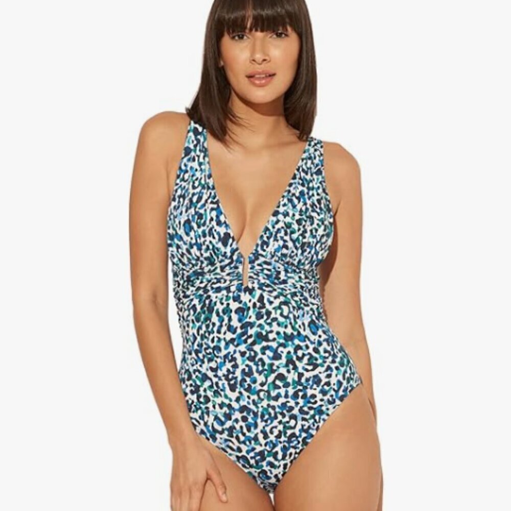 Bleu Rod Beattie Women's Leopard Plunge One Piece Swimsuit Blue and White Size 8